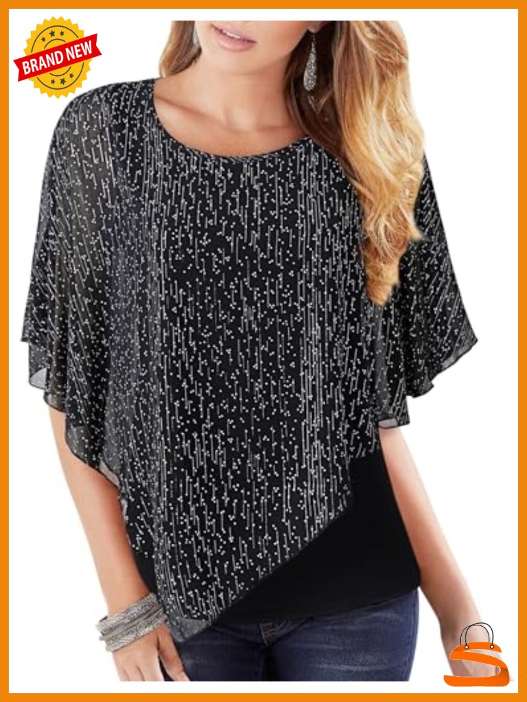 Lightweight Flowy Double-Layered Chiffon Poncho Blouse Top